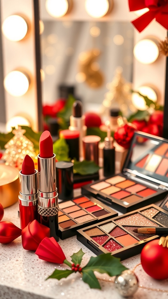 A festive makeup setup with red lipstick, eyeshadow palettes, and holiday decorations.
